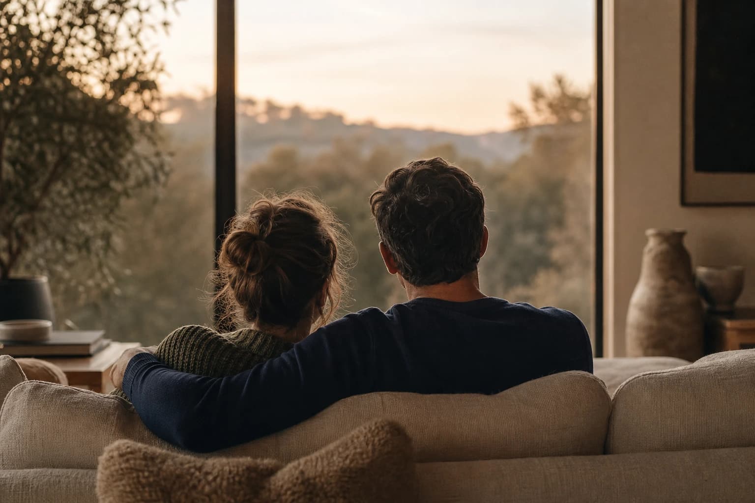 A couple sitting together on a couch at dusk